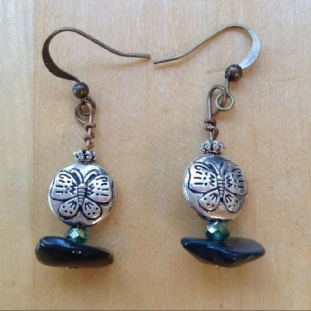 Handcrafted Jade Butterfly‎ Charm Dangling Earrings Beaded Festival Boho Wedding